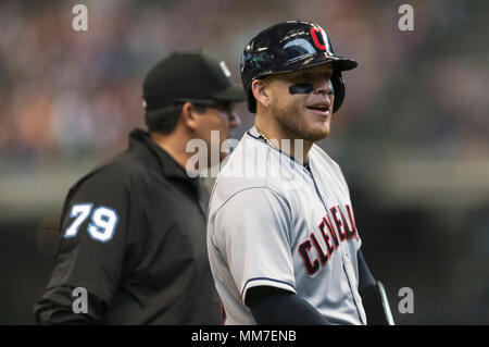 Milwaukee, WI, USA. 9th May, 2018. Cleveland Indians catcher Roberto Perez #55 triples in the Major League Baseball game between the Milwaukee Brewers and the Cleveland Indians at Miller Park in Milwaukee, WI. John Fisher/CSM/Alamy Live News Stock Photo