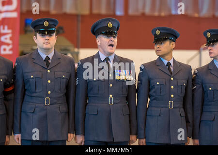 Honington, UK. 10th May 2018. Sergeant Christopher Brookes (central ) on parade at RAF Honington, in preperation for the wedding of HRH Prince Henry of Wales and Ms. Meghan Markle Credit: Jason Marsh/Alamy Live News Stock Photo