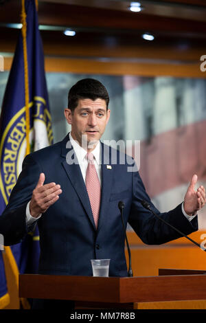 Washington, USA. 10th May, 2018. Speaker of the House of Representatives Paul Ryan, Republican of Wisconsin, speaks with reporters during his weekly press conference at the United States Capitol in Washingon, DC on May 10, 2018. Credit: The Photo Access/Alamy Live News Stock Photo