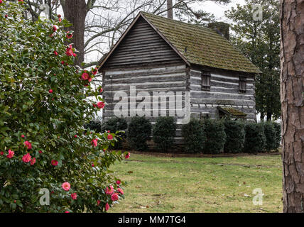 HICKORY, NC, USA--FEBRUARY 20: On February, 2018, a small cabin represents the 1863 building in the early years of the southern town. Stock Photo