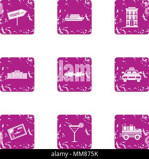 Travelling to miami icons set, grunge style Stock Vector