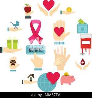 Charity set flat icons Stock Vector