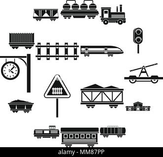 Railway icons set, simple style Stock Vector