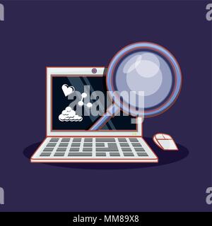 social media design with laptop computer and magnifying glass over purple background, colorful design. vector illustration Stock Vector