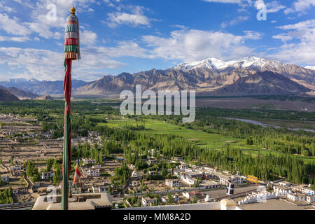 Beautiful green valley landscape view from Thiksey Gompa monastery in Ladakh, India. Stock Photo