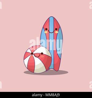 kawaii pool ball and surfboard over pink background, colorful design. vector illustration Stock Vector