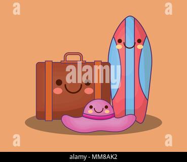 kawaii suitcase and beach hat over yellow background, colorful design. vector illustration Stock Vector