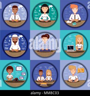people of different ethnic groups with social media icons vector illustration design Stock Vector