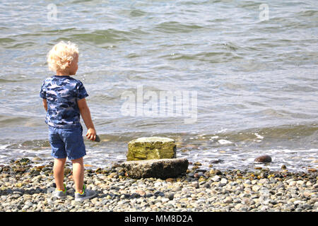 Young boy standing at the waters edge of Bellingham Bay from Boulevard Park with a stone in his hand while looking at the water.  Boulevard Park is in Stock Photo