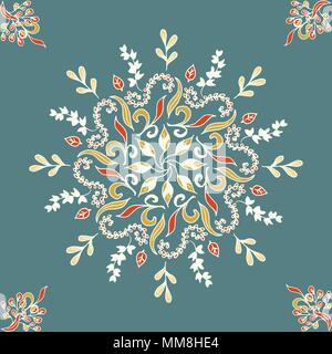 Round seamless pattern ornament with intertwined branches, flowers and curls. Arabesque. Vector circular abstract floral mandalas in white, black and blue colors Stock Vector