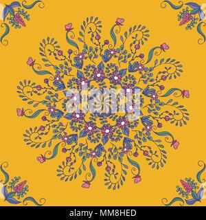 Rich with saturated colors, beautiful medieval ornament. Seamless floral pattern of circular floral elements. Vector design of mandalas. Template for textiles, shawl, bed linen, carpets, cushions Stock Vector