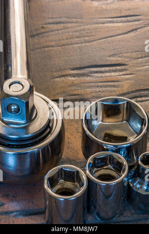 socket wrench set on workbench Stock Photo