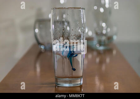 blue ink in water glass on table Stock Photo
