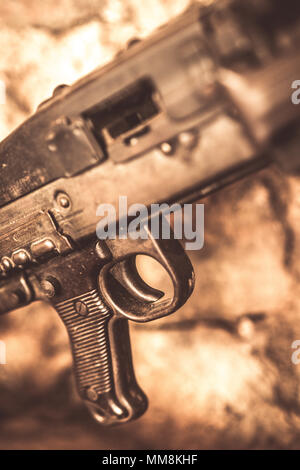 Detail of an old disused machine gun used in Balkan war in Serbia on display Stock Photo
