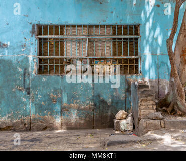 Abandoned grunge turquoise painted wall with closed window covered with rusty protective iron bars and tree trunk Stock Photo