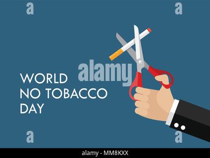 Tobacco abuse concept poster. Hands holding scissors cut a cigarettes Stock Vector