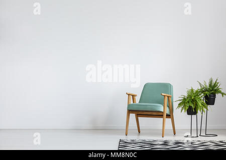 Big black and white carpet in room with plants and armchair Stock Photo