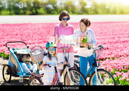 Happy Dutch family riding bicycle in tulip flower fields in Netherlands. Mother and kids on bikes at blooming tulips in Holland. Baby in bike trailer. Stock Photo
