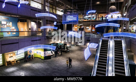 Main hall of the Boston Museum of Science at night, showing three ...