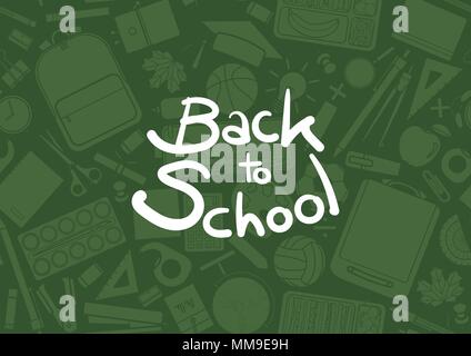Back to school calligraphy on seamless pattern of stationery in green. Background design for school and education in vector illustration. Stock Vector