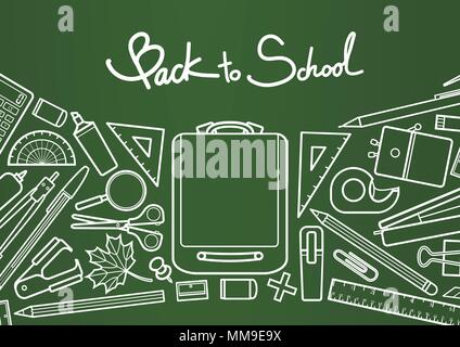 Back to school calligraphy with stationary on green background. Background design for school and education in vector illustration. Stock Vector