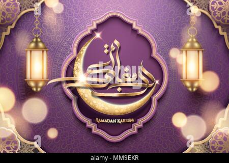 Ramadan Kareem golden calligraphy with crescent and lanterns elements on purple floral background Stock Vector