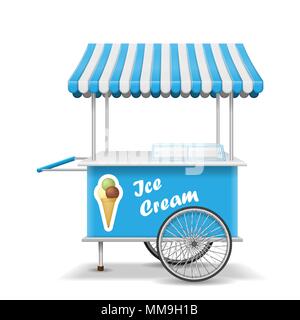 Realistic street food cart with wheels. Mobile blue ice cream market stall template. Ice cream market cart mockup. Vector illustration Stock Vector