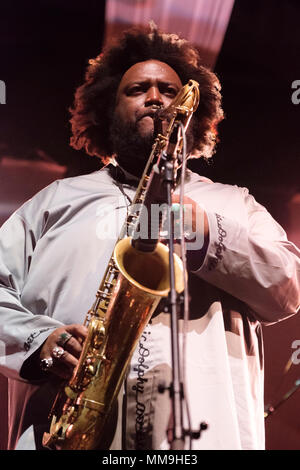 American tenor saxophonist, Kamasi Washington performing at the Cheltenham Jazz Festival, Cheltenham ,UK. May 6, 2018 Stock Photo
