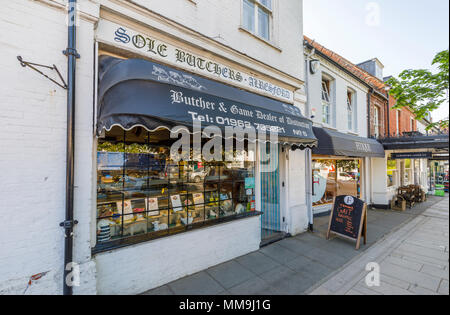 Sole Butchers, a traditional butcher and game shop in Broad Street, New Alresford, a small town or village in Hampshire, southern England, UK Stock Photo