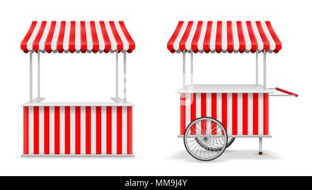 Realistic set of street food kiosk and cart with wheels. Mobile red market stall template. Farmer kiosk shop mockup. Vector illustration Stock Vector