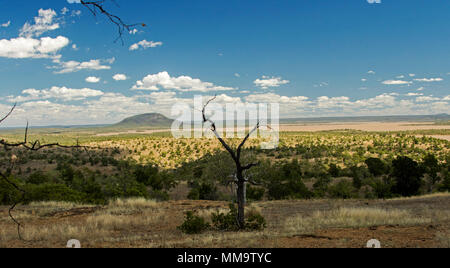 Spectacular landscape with wooded islands rising from waters of immense lake formed by Burdekin Falls dam & hemmed by trees under blue sky, Australia Stock Photo