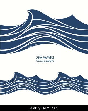 Marine seamless pattern with stylized blue waves on a light background. Water Wave abstract design.  Stock Vector