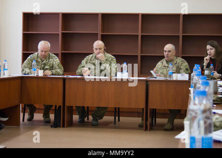 U.S. Army Col. David Jordan, commander of the 45th Infantry Brigade Combat Team and the Joint Multinational Training Group-Ukraine, speaks during a briefing about the Yavoriv Combat Training Center being given to Ukrainian army Lt. Gen. Ihor Kolesnyk, first deputy chief of General Staff of the Armed Forces of Ukraine, at the Yavoriv CTC on the International Peacekeeping and Security Center, on Sept. 23. (Photo by Sgt. Anthony Jones, 45th Infantry Brigade Combat Team) Stock Photo