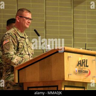 U.S. Army Reserve Col. Robert S. Powell, Jr., incoming commander for the new Army Reserve Cyber Operations Group, 335th Signal Command (Theater), gives his remarks after assuming command of the ARCGOG, during a change of command ceremony September 24 at the Army Research Laboratory, in Adelphi, Maryland. Powell, assumed command from Col. Michael D. Smith, who took command of the ARCOG in 2015.  (Official U.S. Army Reserve photo by Sgt. Erick Yates) Stock Photo