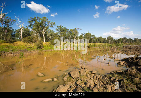 Colourful landscape with calm waters of Fitzroy River hemmed with tall trees and emerald grass under blue sky in central Queensland Australia Stock Photo