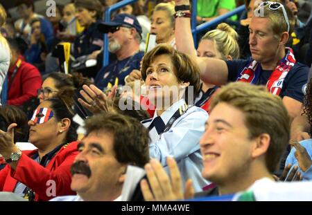 U.S. Air Force Lt. Gen. Gina Grosso, Air Force Deputy Chief of Staff for Manpower and Personnel Services, cheers on Team U.S. during wheelchair rugby finals at the 2017 Invictus Games in the Mattamy Athletic Centre in Toronto, Canada, Sept. 28, 2017. The Invictus Games were established by Prince Harry of Wales in 2014, and have brought together wounded and injured veterans from 17 nations to compete across 12 adaptive sporting events. (U.S. Air Force photo by Staff Sgt. Alexx Pons) Stock Photo