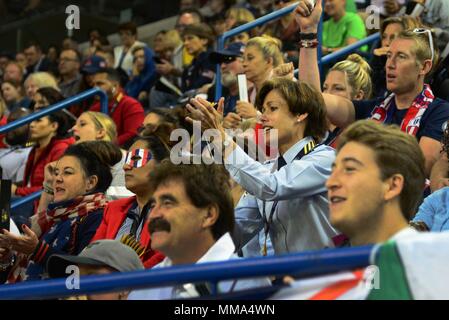 U.S. Air Force Lt. Gen. Gina Grosso, Air Force Deputy Chief of Staff for Manpower and Personnel Services, cheers on Team U.S. during wheelchair rugby finals at the 2017 Invictus Games in the Mattamy Athletic Centre in Toronto, Canada, Sept. 28, 2017. The Invictus Games were established by Prince Harry of Wales in 2014, and have brought together wounded and injured veterans from 17 nations to compete across 12 adaptive sporting events. (U.S. Air Force photo by Staff Sgt. Alexx Pons) Stock Photo