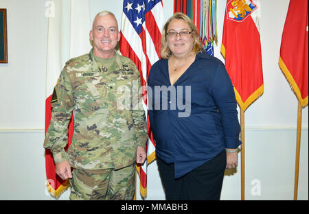 From left, Brig. Gen. Eugene J. LeBoeuf, acting Commander of U.S. Army Africa, and Ms. Kathryn Schalow, Director, Office of the State/Defense Integration Bureau of Political Military Affairs Department of State, pose for a photograph in the USARAF commander's office during a recent visit to Caserma Ederle, Vicenza, Italy Oct. 3, 2017. (Photo by U.S. Army Visual Information Specialist Davide Dalla Massara/Released) Stock Photo