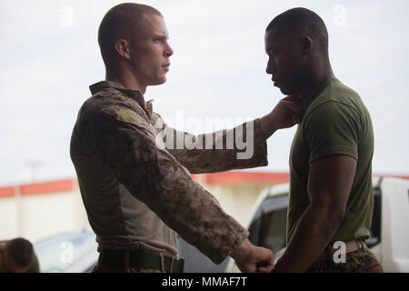 CAMP FOSTER, OKINAWA, Japan –Sgt. John Fruin, left, demonstrates how to check the pulse of Lance Cpl. Demetrius Board during a Combat Life Saver course Oct. 4 aboard Camp Foster, Okinawa, Japan. Special Reaction Team Marines with the Provost Marshal’s Office participated in a three-day, CLS course which educates and trains Marines in basic casualty and combat care. This course prepared students to provide aide to injured service members in combat situations. SRT is the Marine Corps version of the SWAT team, acting as the 911 response force across Okinawa. Fruin is the SRT team leader with Mari Stock Photo