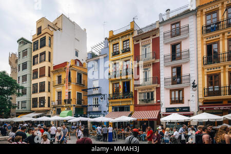 Valencia, Spain - June 3, 2017: Sellers and customers outside of Mercado Central in flea market. Stock Photo