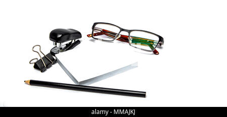 Stationary concept, Flat Lay top view Photo of pencil, stapled, paper clips, eyepieces, notes on white background with copy space. Instagram Stock Photo