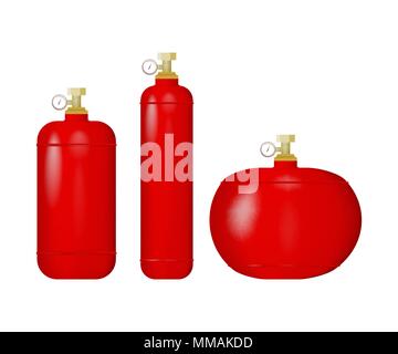 Set of red cylinders with liquefied gas. Vector illustration of an lpg. Methane, propane, butane, natural gas. Stock Vector