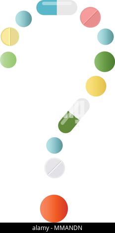 Question mark made of colored pills and capsules on white background. What medicines to choose better, what will help. Health problem concept. Vector  Stock Vector