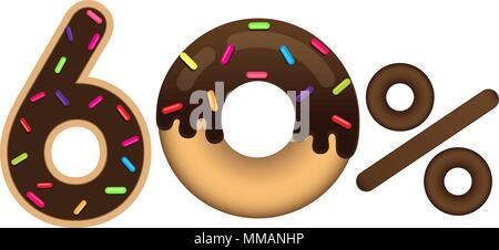 Sale 60 percent and discount price. Lettering made in the form of a donut with glaze. Sale of food. Shopping and low price. Isolated vector. Stock Vector