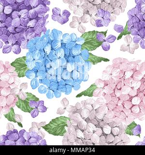 Hydrangea flowers, petals and leaves in watercolor style on white background. Seamless pattern for textile, wrapping paper, package, Stock Vector