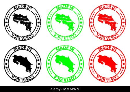 Made in Costa Rica - rubber stamp - vector, Costa Rica map pattern - black, green and red Stock Vector