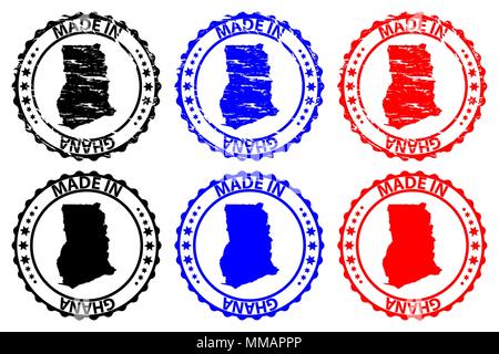 Made in Ghana - rubber stamp - vector, Ghana map pattern - black, blue and red Stock Vector