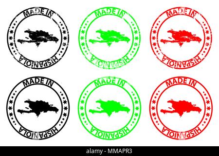 Made in Hispaniola - rubber stamp - vector, Hispaniola map pattern - black, green and red Stock Vector