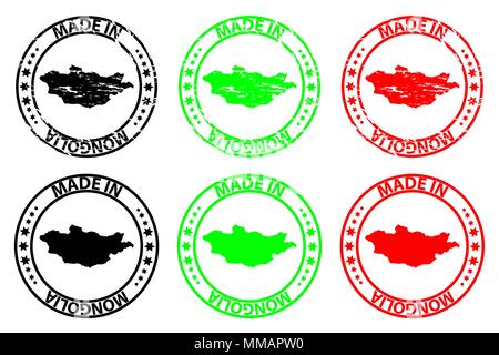 Made in Mongolia - rubber stamp - vector, Mongolia map pattern - black, green and red Stock Vector