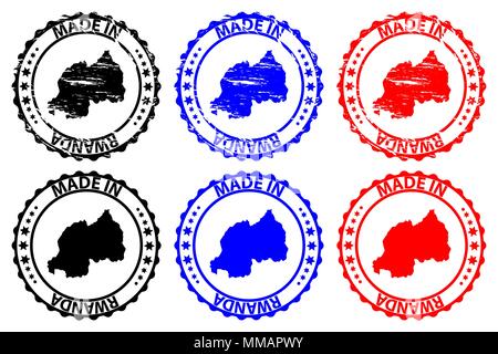 Made in Rwanda - rubber stamp - vector, Rwanda map pattern - black, blue and red Stock Vector